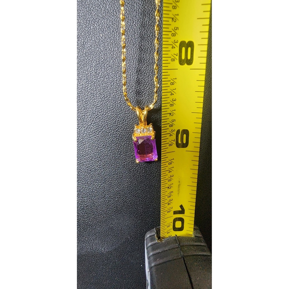 Gold‎ Tone Emerald Cut Purple Stone Pendant Necklace Twisted Rope Chain 18 Inch - Picture 6 of 6